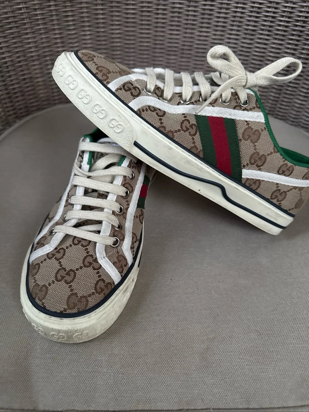 Gucci Brown GG Canvas Sneakers with Green Interior and Red Accent